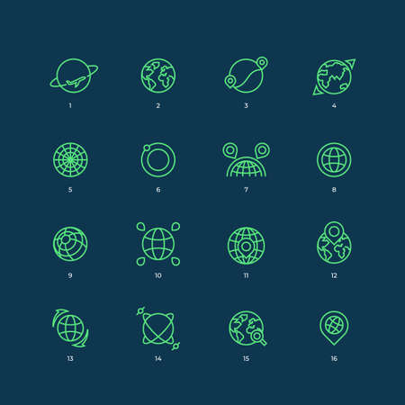 Fully editable line icons of planets and global positioning system. Tracks and routes. Vector logos.のイラスト素材