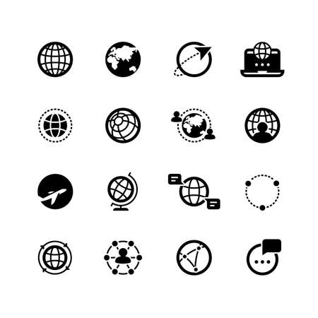 Black silhouette and line icons of planets and Earth. Global communication and social icons. Connection concept. Vector logos.のイラスト素材