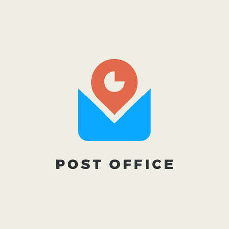 Flat vector illustration of stylized envelope, navigation point and clock. Minimalist flat logo for delivery service or post office.のイラスト素材