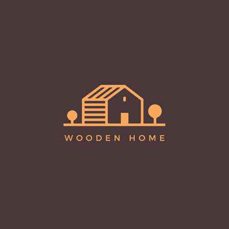 Vector line art logotype of wooden house. Abstract logo design for construction company or interior design studio.のイラスト素材