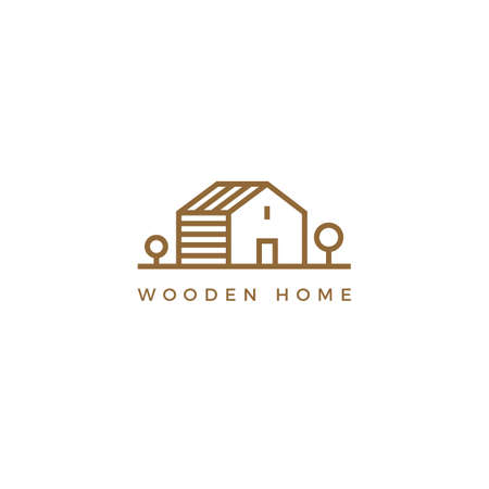 Vector line art logotype of wooden house. Abstract logo design for construction company or interior design studio.のイラスト素材