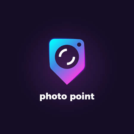 Vector bright gradient logotype of navigation pin with camera. Concept of place for photography. Camera logo.のイラスト素材