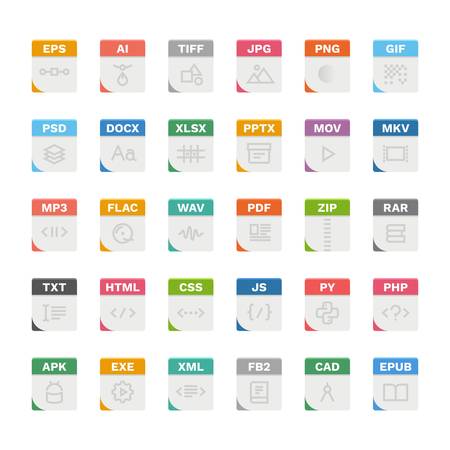 Vector flat icon set of file formats with outline icons.のイラスト素材