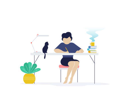 Flat illustration of young woman studying or working at home with cat on table. Concept of freelance and home working.のイラスト素材