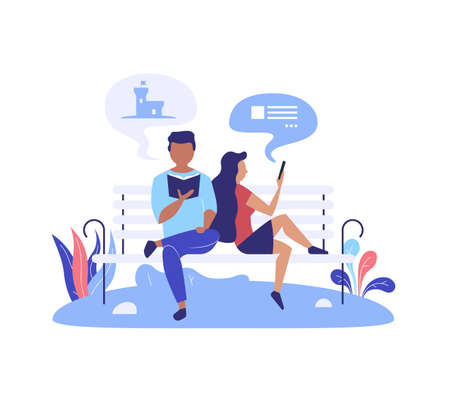 Couple of young people sitting in a park on a bench and having a good time with a book and messaging.のイラスト素材