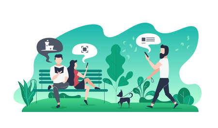 Modern flat illustration with couple on bench in park and guy with dog on walk.のイラスト素材