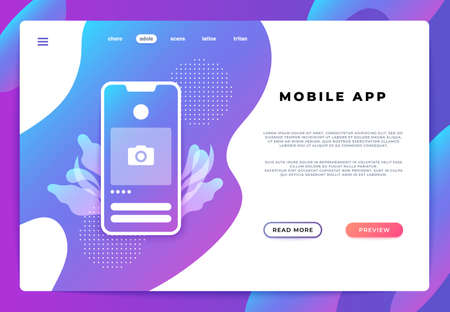 Mobile app landing page. Website ui platform, business banner, web page smartphone login. Vector illustration backend development.のイラスト素材