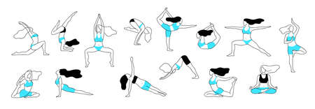 Girl yoga poses. Aerobic stretch fitness exercise,  female body workout figure, healthy and flexibility vector line posture.のイラスト素材
