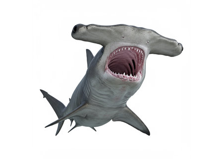 Hammerhead shark with open mouth showing teeth isolated on white backgroundの素材