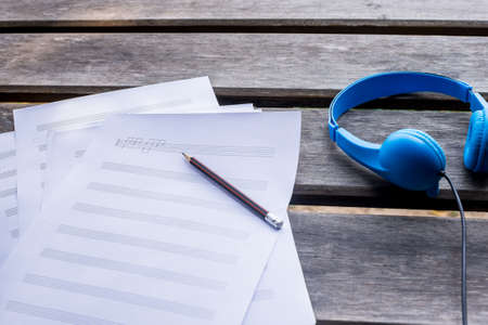 composing music note top view with hand writing coffee and blueの写真素材