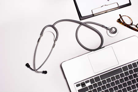 white wooden doctor desk ,medical concept with copy space.の写真素材