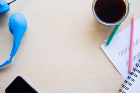 top view workspace of musician with coffee.with copy space vintage toneの写真素材