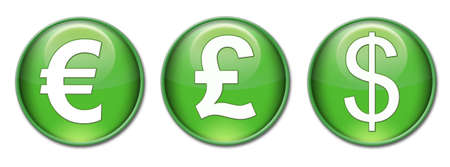 three green symbols representing the major currencies, the euro, the dollar, the pound.の写真素材