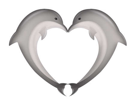 Two gray dolphins jumping and making a kissの写真素材