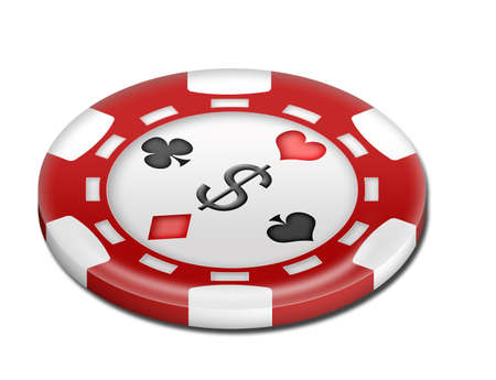 Red poker chip representing one dollar and four colors of playing cardsの写真素材