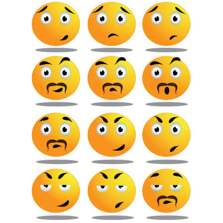 Set of yellow round expressive emoticons on white backgroundのイラスト素材