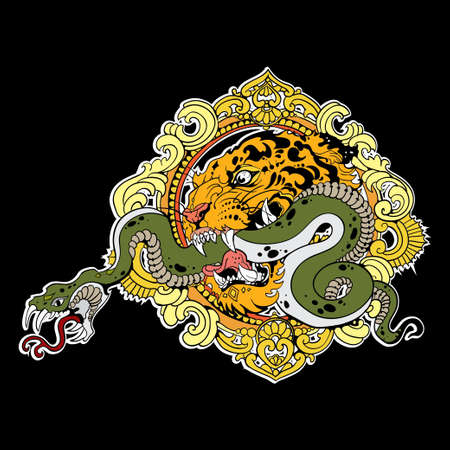 Great tiger head with snake on blackのイラスト素材