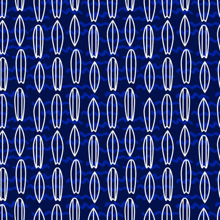 Surf boards outline doodles on blue waves background pattern. Vector seamless pattern design for textile, fashion, paper and wrapping.のイラスト素材