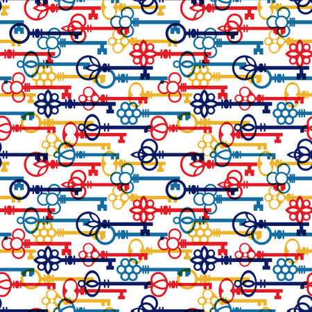 Overlapping antique keys in primary colors horizontal pattern. Vector seamless pattern design for textile, fashion, paper and wrapping.のイラスト素材