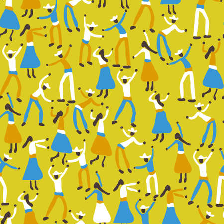 Dark skin people Folklore dance party in yellow and blue pattern. Vector seamless pattern design for textile, fashion, paper and wrapping.のイラスト素材