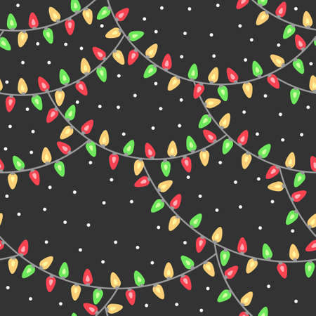 Christmas lights in the snowy night pattern. Vector seamless pattern design for textile, fashion, paper and wrapping.のイラスト素材