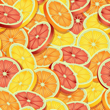 Sliced citrus fruits pattern of lime, orange and grapefruit. Vector seamless pattern design for textile, fashion, paper, packaging and branding.のイラスト素材