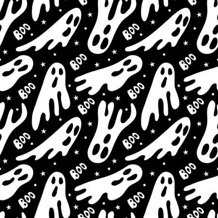 Cute ghosts saying boo Halloween themed pattern. Vector seamless pattern design for textile, fashion, paper, packaging and branding.のイラスト素材