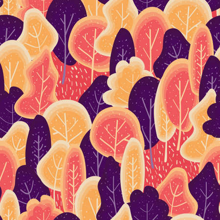 Cute pink forest pattern design in doodle style with yellow and purple trees. Vector seamless...