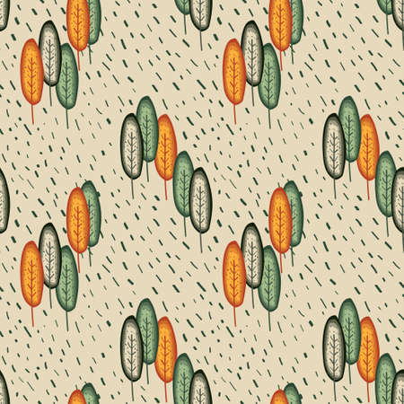 Pines trees doodle style pattern in green and orange. Vector seamless pattern design for textile,...