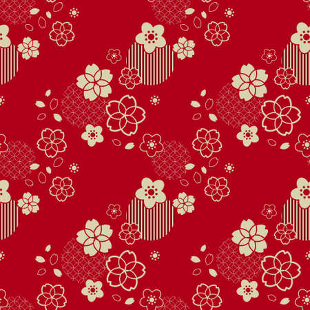 Japanese spring flowers traditional red pattern in oriental style. Vector seamless pattern design for textile, fashion, paper, packaging and branding.のイラスト素材