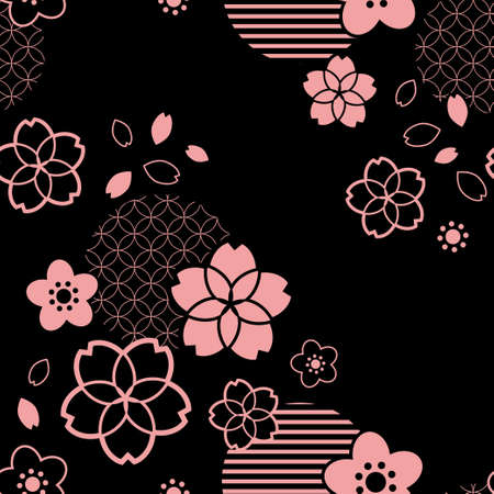Black and pink cherry blossoms pattern in traditional japanese style with stripes texture. Vector seamless pattern design for textile, fashion, paper, packaging and branding.のイラスト素材
