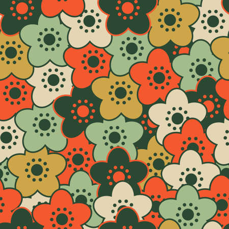 Cute flowers in orange, green and gold pattern. Vector seamless pattern design for textile, fashion, paper, packaging and branding.のイラスト素材