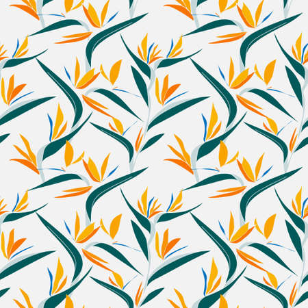 Yellow bid of paradise exotic tropical flowers pattern. Vector seamless pattern design for textile, fashion, paper, packaging and branding.のイラスト素材