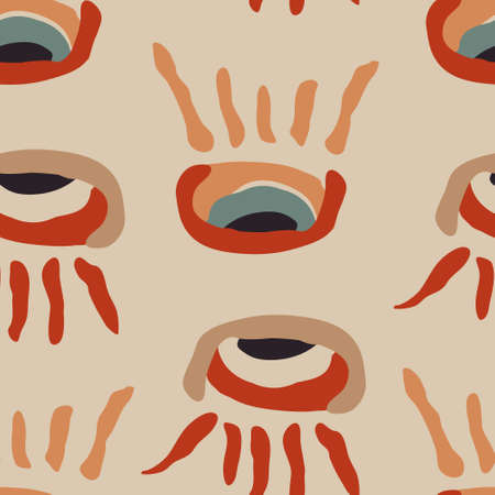 Tribal eye repeat bohemian pattern inspired in cave paintings. Vector seamless pattern design for textile, fashion, paper, packaging, wrapping and brandingのイラスト素材