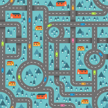 Cute road map in winter blue pattern for children inspired in the countryside landscape. Vector seamless pattern design for textile, fashion, paper, packaging, wrapping and brandingのイラスト素材