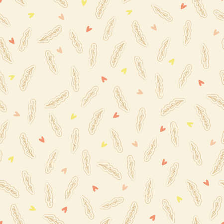 Cute pattern of heart and leaves drawings in pastel neutral color palette. Vector seamless pattern design for textile, fashion, paper, packaging, wrapping and brandingのイラスト素材