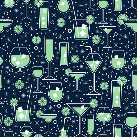Blue flat design of cool liquor beverages pattern. Vector seamless pattern design for textile, fashion, paper, packaging, wrapping and brandingのイラスト素材