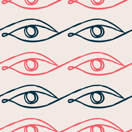 Hand drawn eyes in continuous line art in pink and blue pattern Vector seamless pattern design for textile, fashion, paper, packaging, wrapping and brandingのイラスト素材