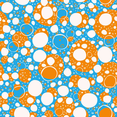 Summer vibes abstract pattern in bright blue and orange with white spots. Vector seamless pattern design for textile, fashion, paper, packaging, wrapping and brandingのイラスト素材