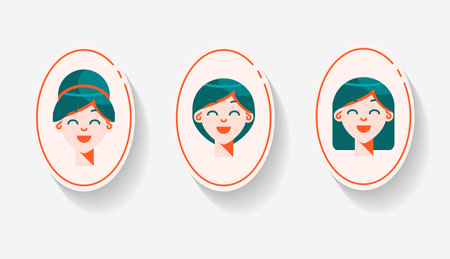 SET 3 women's portrait vector icon collection in different hairstyles in flat design style inside an oval. Icon set for social media female avatars.のイラスト素材