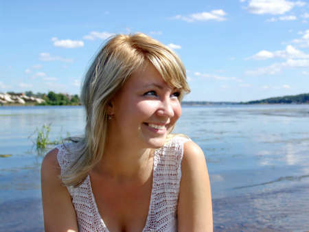 Happy girl on beachの写真素材