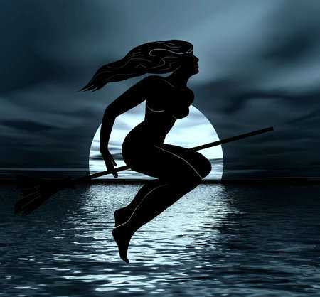 The witch flying on Halloweenの写真素材