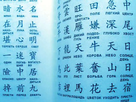 Blue book with hieroglyphsの写真素材