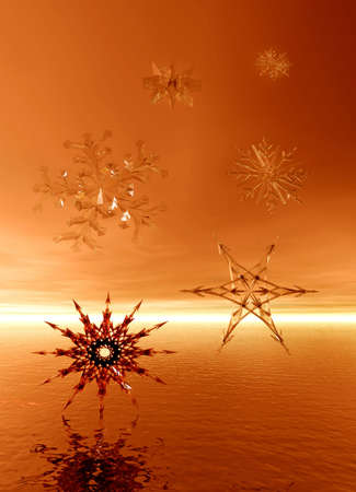 Sunset and snowflakes .3d Illustration
