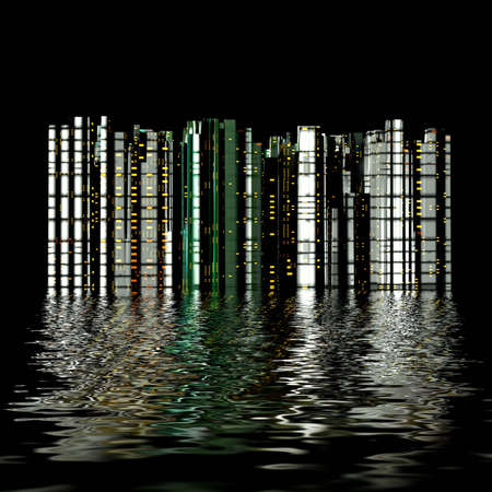 3D city reflection in waterの写真素材