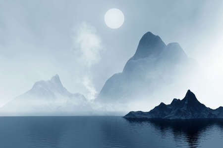  Mountains  and sea in mist. Landscape 3dの写真素材