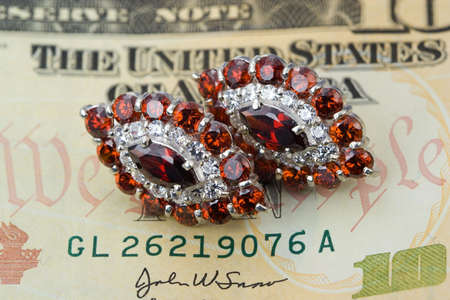 Jewelry with garnet and  dollarsの写真素材