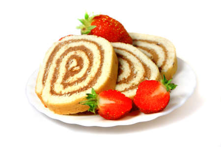 Tasty cookies with strawberries isolated on a white backgroundの写真素材