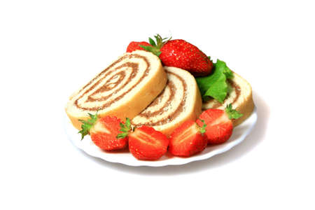 Tasty cookies with strawberries isolated on a white backgroundの写真素材