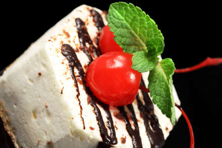  Tasty baking celebratory fancy cake with cherry  and green mintの写真素材